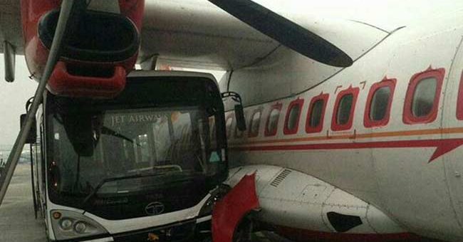 A Jet Airways shuttle bus on Tuesday rammed into a stationary Air India flight at the city airport here. However, no casualty or injury was reported. Bus hits parked aircraft,Jet Airways,Bus Crashes Into Air India Plane,Bus Crashes to Air India Plane,Jet Airways shuttle bus