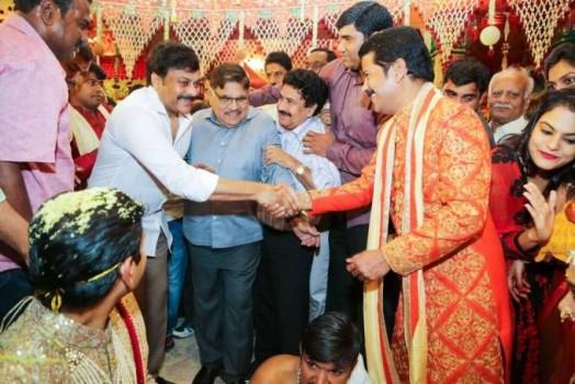 Telangana TDP Working President Revanth Reddy daughter's wedding held at Hitex in Hyderabad. Chiranjeevi, Chandrababu Naidu, Jr Ntr's father Hari Krishna, Meka Srikanth, Jagapathi Babu and others graced the event.