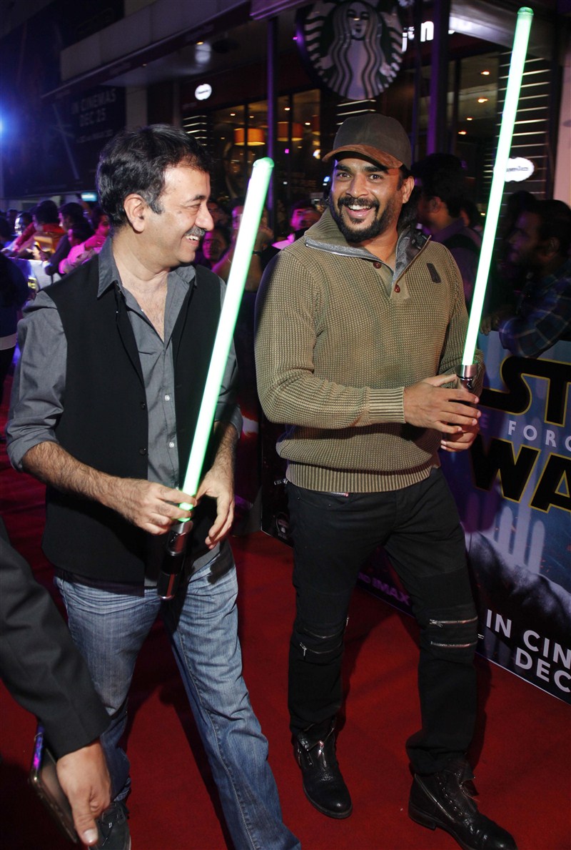Actor R. Madhavan and Producer Rajkumar Hirani at Star Wars Premiere show. Saala Khadoos,Star Wars Premiere show,Star Wars,R. Madhavan,Rajkumar Hirani,celebs at Star Wars Premiere show,Saala Khadoos team