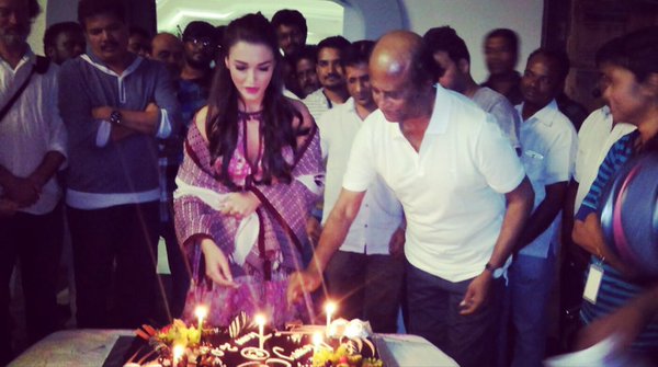 Actress Amy Jackson celebrates Christmas with Rajinikanth and Enthiran 2 team.