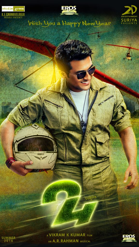 24 is an upcoming Tamil science fiction thriller film written and directed by Vikram Kumar. The film features Suriya, Samantha and Nithya Menen in the leading roles, and music by AR Rahman. Suriya,Suriya 24 first look,Suriya's 24 first look poster,24 first look,24 first look poster,samantha