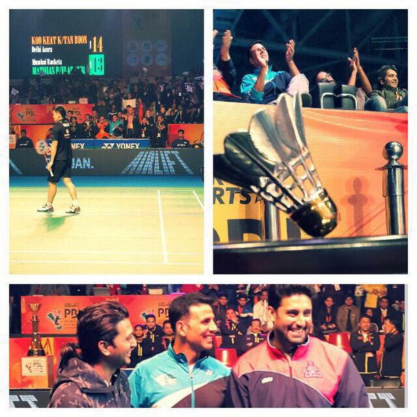 Akshay Kumar, Abhishek Bachchan and Riteish Deshmukh picked up racquets to play a game of badminton during the Premier Badminton League (PBL) final. Akshay Kumar,Abhishek Bachchan,Riteish Deshmukh,PBL Final Match,PBL,Premier Badminton League,Premier Badminton League final,Akshay Kumar,Abhishek Bachchan,Riteish Deshmukh entertain badminton fans