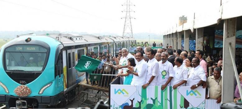 Kerala Chief Minister Oommen Chandy flagged off the first test run of Kochi Metro Rail at Muttom railway yard in Aluva on Saturday, 23 January.