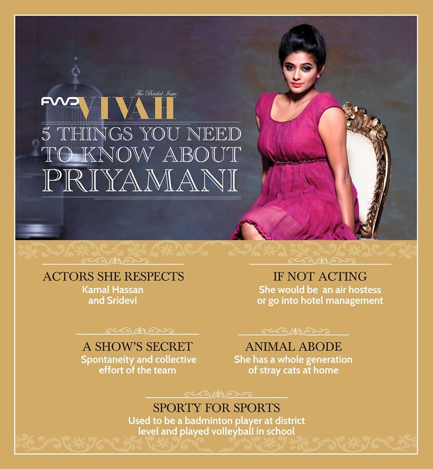 South Indian actress Priyamani has been featured on the latest editon of FWD Vivah magazine. Priyamani wedding date,priyamani wedding plans,priyamani fwd vivah,fwd vivah,fwd vivah covergirl