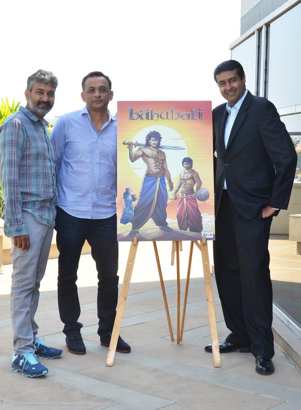 SS Rajamouli, Shobu Yarlagadda and Graphic India Co-Founder and CEO, Sharad Devarajan at the launch of Baahubali Comics. Rajamouli,Baahubali,Baahubali Comics,Baahubali Comics and Animation,Baahubali Animation,Baahubali game,Baahubali novels,Arka Mediaworks