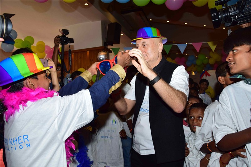 Actor Anupam Kher, who was conferred the Padma Bhushan on this Republic Day, Anupam Kher,actor Anupam Kher,Anupam Kher celebrates Padma Bhushan,Anupam Kher celebrates Padma Bhushan with specially-abled kids,Anupam Kher celebrates with specially-abled kids,specially-abled kids