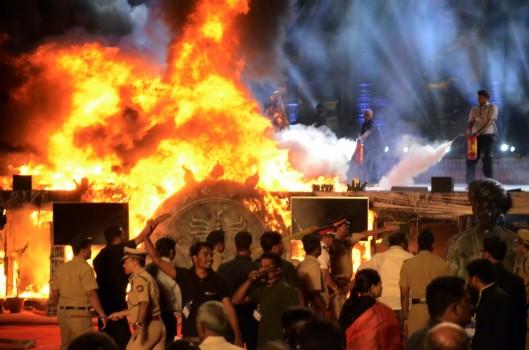 A massive fire on Sunday evening engulfed the stage during a cultural extravaganza at the 'Make In India Week' event