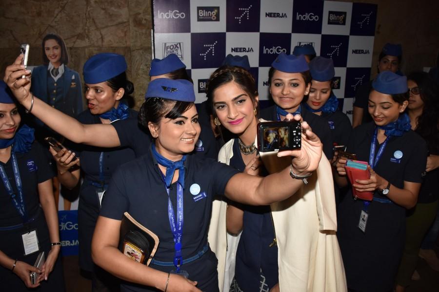 In a press conference held specially for air-hostess's, Sonam Kapoor paid a tribute to the profession citing the difficulties she faced while getting into the character of Neerja Bhanot for Neerja. Sonam Kapoor,Neerja pays tribute to Air-hostess's,Sonam Neerja pays tribute to Air-hostess's,Team Neerja pays a tribute to Air-hostesses,Neerja,team Neerja,actress Sonam Kapoor,Neerja Bhanot