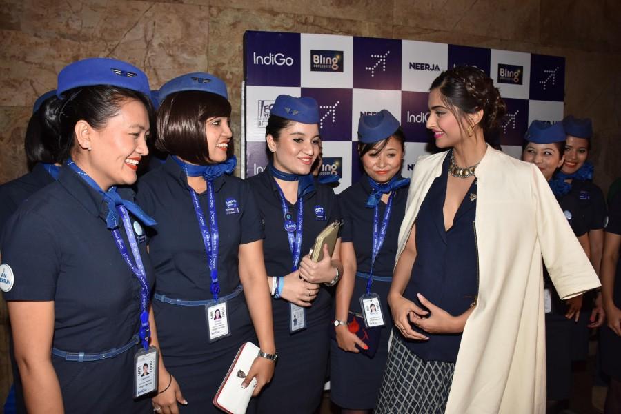 In a press conference held specially for air-hostess's, Sonam Kapoor paid a tribute to the profession citing the difficulties she faced while getting into the character of Neerja Bhanot for Neerja. Sonam Kapoor,Neerja pays tribute to Air-hostess's,Sonam Neerja pays tribute to Air-hostess's,Team Neerja pays a tribute to Air-hostesses,Neerja,team Neerja,actress Sonam Kapoor,Neerja Bhanot