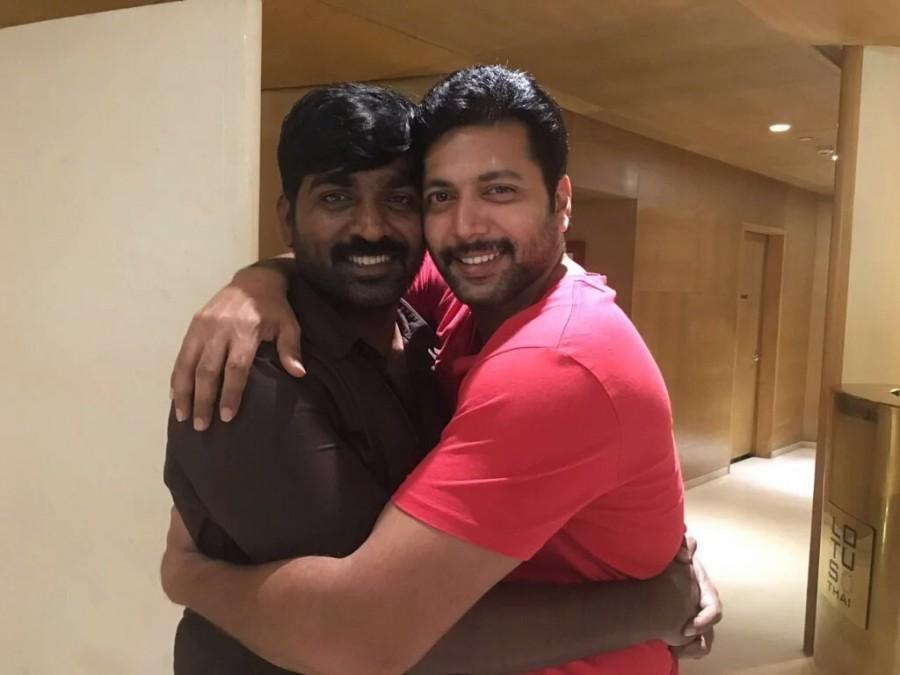 Actor Jayam Ravi's 'Miruthan' and Vijay Sethupathi's 'Sethupathi' movie released on the same day. Jayam Ravi,Vijay Sethupathi,Miruthan,Sethupathi,Jayam Ravi meets Vijay Sethupathi,Vijay Sethupathi meets Jayam Ravi,Jayam Ravi hugs Vijay Sethupathi,Vijay Sethupathi hugs Jayam Ravi