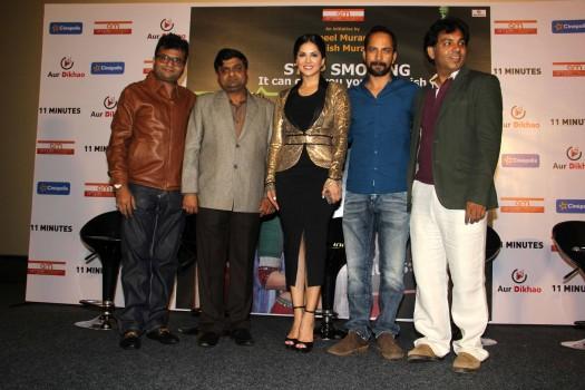 Bollywood actress Sunny Leone, Deepak Dobriyal at the launch of Anti-Smoking Ad.