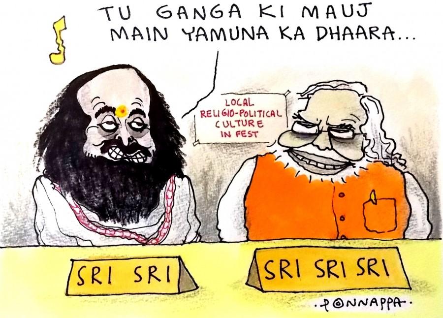 IBTimes Cartoon Sri Sri Ravi Shankar,world culture festival,Narendra Modi World Culture Festival,Delhi,yamuna bank