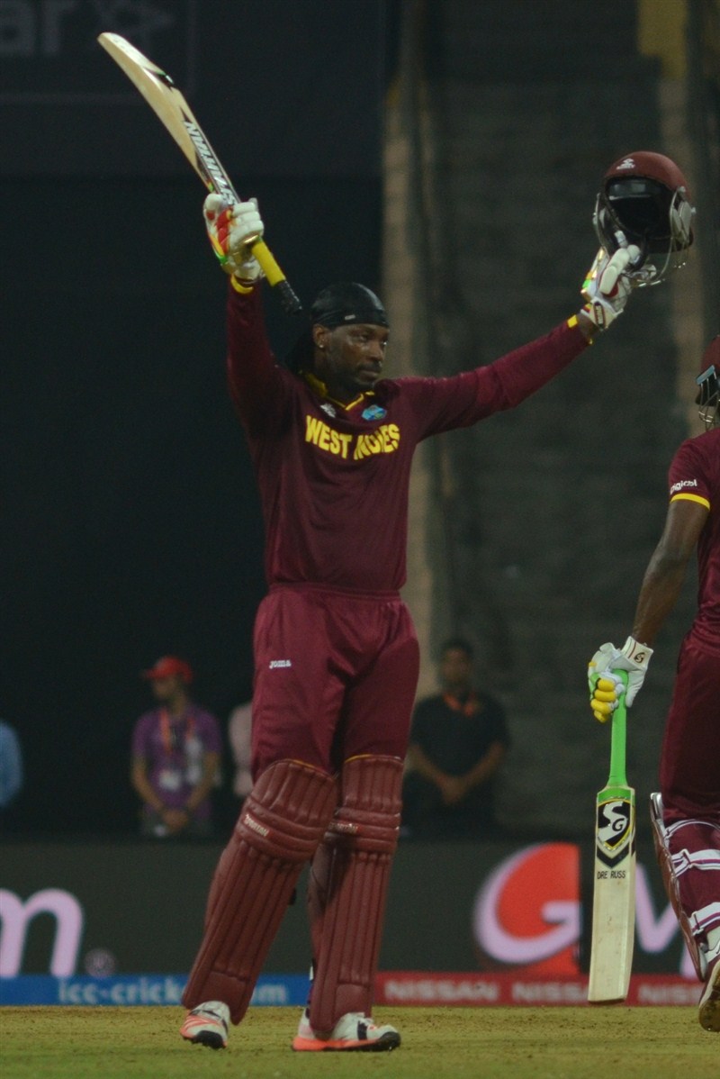 Swashbuckling West Indian batsman Chris Gayle blasted an unbeaten 100 in just 48 balls to steer his side to a comfortable six wicket victory against England in their Group 1 World Twenty20 cricket clash at the Wankhede Stadium on Wednesday. Chris Gayle,Chris Gayle hits hundred,Chris Gayle hammers England with century,Chris Gayle hammers England,Chris Gayle hits 2nd World T20 hundred,Chris Gayle struck a rapid century,Chris Gayle rapid century,Chris Gayle century
