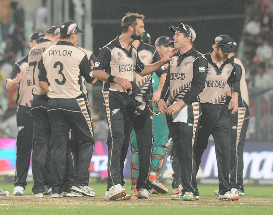 New Zealand put on an impressive show with the ball to skittle out Bangladesh for 70 in 15.4 overs to notch a 75-run win in a floodlight malfunction-interrupted World Twenty20 Group 2 encounter at the Eden Gardens on Saturday. New Zealand beat Bangladesh,New Zealand vs Bangladesh,New Zealand v Bangladesh,New Zealand in Semis,World T20,ICC World T20 2016,World T20 pics,World T20 images,World T20 stills,World T20 pictures