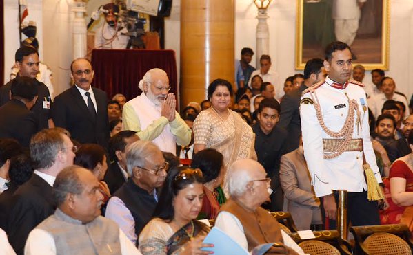 President Pranab Mukherjee on Monday conferred Padma awards on 56 eminent personalities, including Dhirubhai Ambani (posthumously), actor Anupam Kher and former Comptroller and Auditor General of India Vinod Rai, at a function at Rashtrapati Bhavan. Padma Awards 2016,Padma Awards,Ajay Devgn,Anupam Kher,Madhur Bhandarkar,Dhirubhai Ambani,Vinod Rai,Padma Awards event,President Pranab Mukherjee,Pranab Mukherjee,Modi,Narendra Modi
