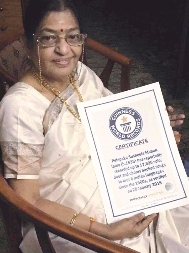 Legendary playback singer P. Susheela has become the Guinness World Records title holder for the highest number of solo, duet and chorus backed songs in over six Indian languages. Susheela enters Guinness World Records,Susheela,P. Susheela,Playback singer P. Susheela,singer P. Susheela,Guinness World Records,Legendary playback singer P. Susheela,Legendary singer P. Susheela