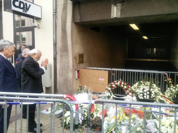 Indian Prime Minister Narendra Modi pays tributes to Belgium terror victims at blast-hit metro station. Narendra Modi,Indian Prime Minister Narendra Modi,PM Narendra Modi,Modi pays tributes to Belgium terror victims,Modi visits Belgium terror victims,India-EU Summit,2016 India-EU summit,Raghavendra Ganesan,metro station bombing