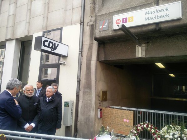 Indian Prime Minister Narendra Modi pays tributes to Belgium terror victims at blast-hit metro station. Narendra Modi,Indian Prime Minister Narendra Modi,PM Narendra Modi,Modi pays tributes to Belgium terror victims,Modi visits Belgium terror victims,India-EU Summit,2016 India-EU summit,Raghavendra Ganesan,metro station bombing