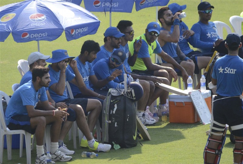 Indian cricketers during a practice session ahead of their WT20 semi-final match against West Indies at Wankhede Stadium in Mumbai on March 30, 2016. India vs West Indies,India vs West Indies World T20 Semi Final,India vs West Indies Semi Final,India vs West Indies World T20,WT20 semi-final,Wankhede Stadium,Virat Kohli,MS Dhoni,practice session