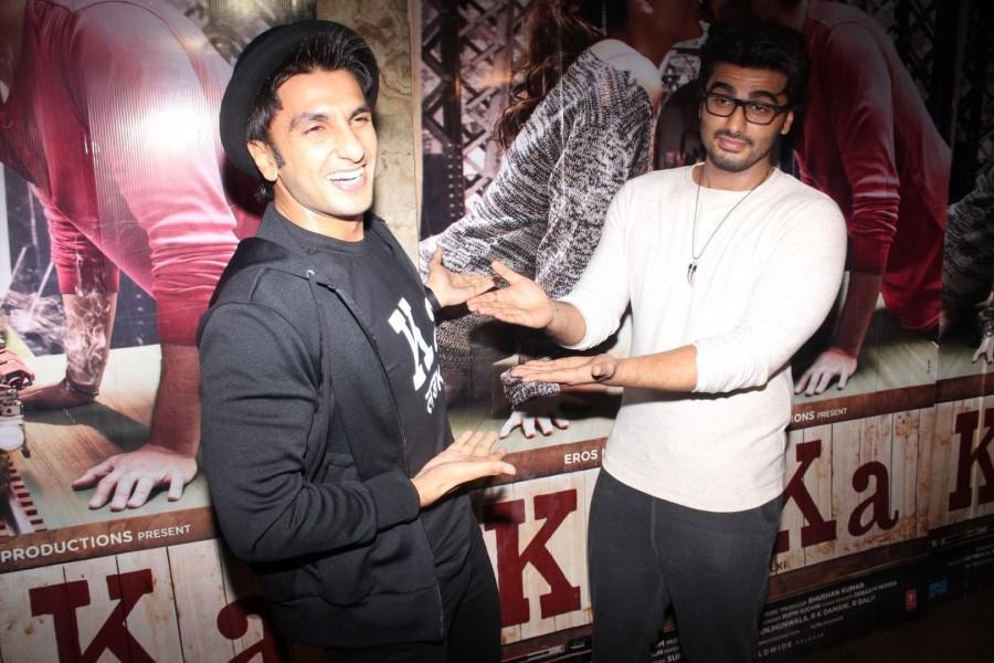 Bollywood Actors Arjun Kapoor and Ranveer Singh during the screening of film Ki & Ka, in Mumbai on March 30, 2016. Ki & Ka Special Screening,Ki & Ka,Special Screening of Ki & Ka,bollywood movie Ki & Ka,Arjun Kapoor,Ranveer Singh,Arjun Kapoor at Ki & Ka Special Screening,Ranveer Singh at Ki & Ka Special Screening,Ki & Ka Special Screening pi