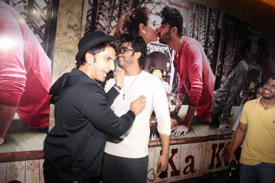 Bollywood Actors Arjun Kapoor and Ranveer Singh during the screening of film Ki & Ka, in Mumbai on March 30, 2016. Ki & Ka Special Screening,Ki & Ka,Special Screening of Ki & Ka,bollywood movie Ki & Ka,Arjun Kapoor,Ranveer Singh,Arjun Kapoor at Ki & Ka Special Screening,Ranveer Singh at Ki & Ka Special Screening,Ki & Ka Special Screening pi