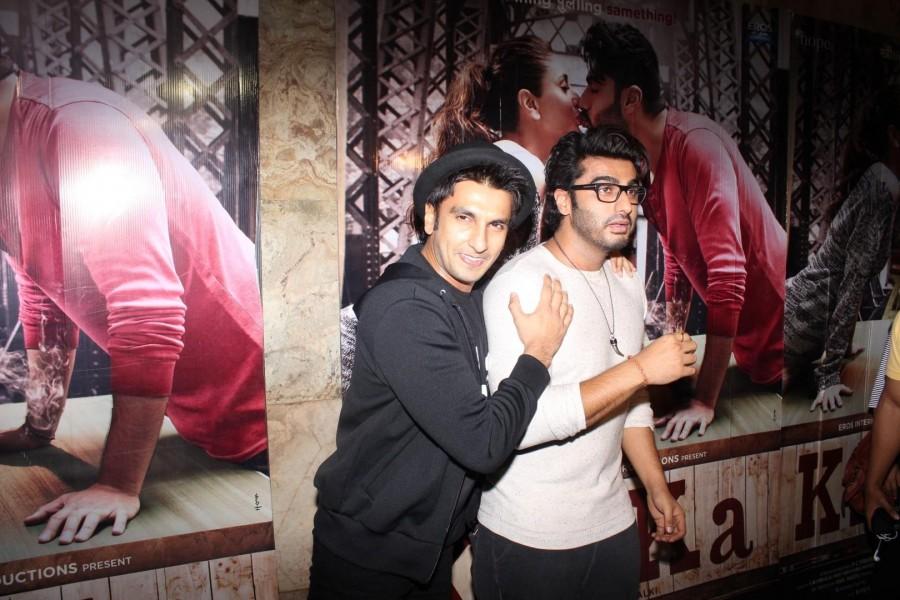 Bollywood Actors Arjun Kapoor and Ranveer Singh during the screening of film Ki & Ka, in Mumbai on March 30, 2016. Ki & Ka Special Screening,Ki & Ka,Special Screening of Ki & Ka,bollywood movie Ki & Ka,Arjun Kapoor,Ranveer Singh,Arjun Kapoor at Ki & Ka Special Screening,Ranveer Singh at Ki & Ka Special Screening,Ki & Ka Special Screening pi