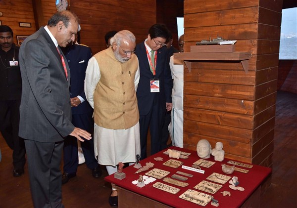 Prime Minister Narendra Modi and Union Road Transport, Highways and Shipping Minister Nitin Gadkari inaugurate Maritime Exhibition in Mumbai, on April 14, 2016. Narendra Modi,Nitin Gadkari,Narendra Modi inaugurates Maritime Exhibition in Mumbai,Maritime Exhibition in Mumbai,Maritime Exhibition