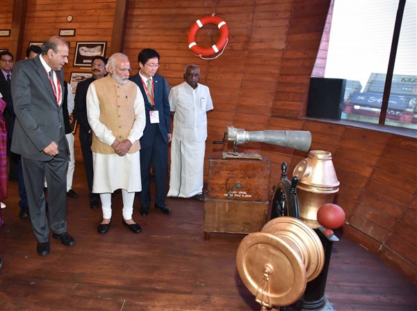 Prime Minister Narendra Modi and Union Road Transport, Highways and Shipping Minister Nitin Gadkari inaugurate Maritime Exhibition in Mumbai, on April 14, 2016. Narendra Modi,Nitin Gadkari,Narendra Modi inaugurates Maritime Exhibition in Mumbai,Maritime Exhibition in Mumbai,Maritime Exhibition