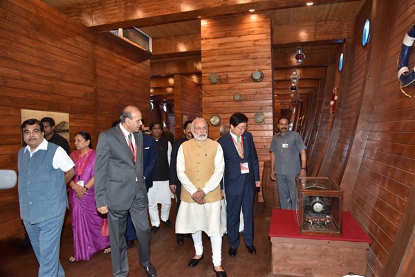 Prime Minister Narendra Modi and Union Road Transport, Highways and Shipping Minister Nitin Gadkari inaugurate Maritime Exhibition in Mumbai, on April 14, 2016. Narendra Modi,Nitin Gadkari,Narendra Modi inaugurates Maritime Exhibition in Mumbai,Maritime Exhibition in Mumbai,Maritime Exhibition