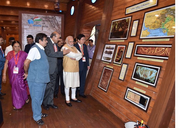 Prime Minister Narendra Modi and Union Road Transport, Highways and Shipping Minister Nitin Gadkari inaugurate Maritime Exhibition in Mumbai, on April 14, 2016. Narendra Modi,Nitin Gadkari,Narendra Modi inaugurates Maritime Exhibition in Mumbai,Maritime Exhibition in Mumbai,Maritime Exhibition