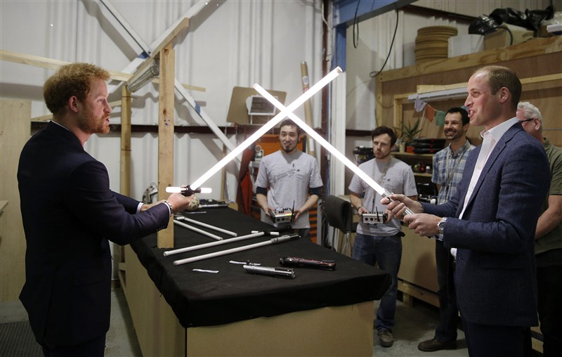Prince William and Prince Harry tour the production workshops of the Star Wars films. Prince William and Prince Harry visit Star Wars set,Prince William,Prince Harry,Prince William and Prince Harry,Star Wars set at Pinewood Studios,Star Wars set,Star Wars