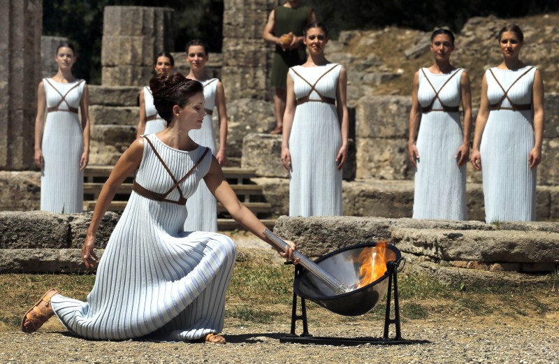 A dress rehearsal for the Olympic flame lighting ceremony for Rio 2016 at the site of ancient Olympia in Greece. Lighting the Olympic flame,Olympic flame,Olympic Flame 2016,Rio 2016,Olympic flame lighting ceremony