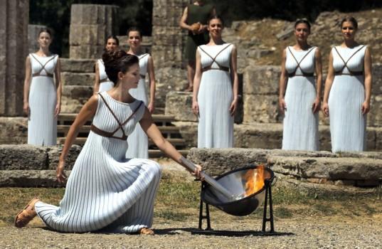 A dress rehearsal for the Olympic flame lighting ceremony for Rio 2016 at the site of ancient Olympia in Greece.