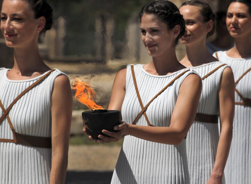A dress rehearsal for the Olympic flame lighting ceremony for Rio 2016 at the site of ancient Olympia in Greece. Lighting the Olympic flame,Olympic flame,Olympic Flame 2016,Rio 2016,Olympic flame lighting ceremony