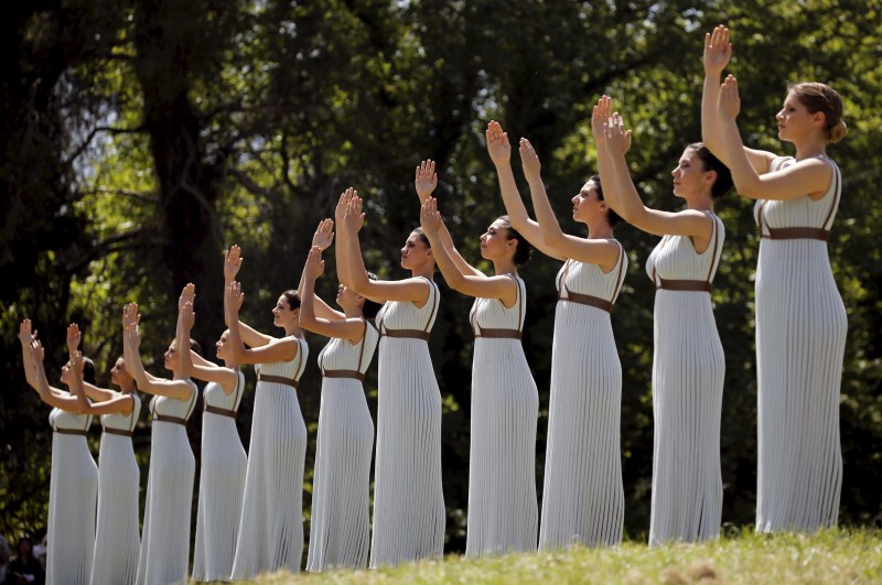 A dress rehearsal for the Olympic flame lighting ceremony for Rio 2016 at the site of ancient Olympia in Greece. Lighting the Olympic flame,Olympic flame,Olympic Flame 2016,Rio 2016,Olympic flame lighting ceremony