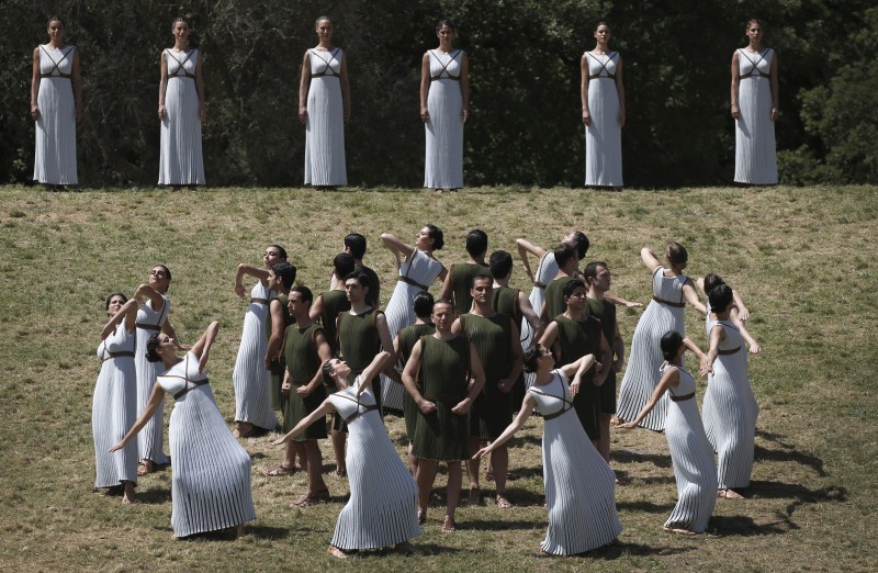 A dress rehearsal for the Olympic flame lighting ceremony for Rio 2016 at the site of ancient Olympia in Greece. Lighting the Olympic flame,Olympic flame,Olympic Flame 2016,Rio 2016,Olympic flame lighting ceremony