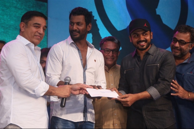 Tamil movie Sabash Naidu Launched today at Nadigar Sangam grounds in Chennai. Celebs like Kamal Haasan, Shruti Haasan, Vishal, Nassar, Ilayaraja, Prabhu and others graced the event. Sabash Naidu,Sabash Naidu Movie Launch,Kamal Haasan,Shruti Haasan,Vishal,Nassar,Ilayaraja,Prabhu,Sabash Naidu Movie Launch pics,Sabash Naidu Movie Launch images,Sabash Naidu Movie Launch photos,Sabash Naidu Movie Launch stills,Sabash Naidu Movie Launch pi