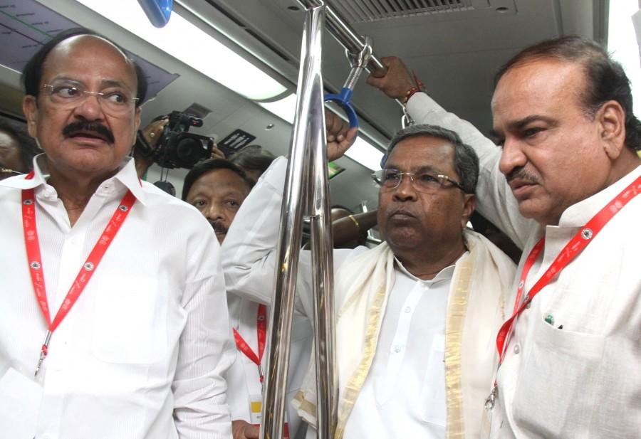 Union Urban Development Minister Venkaiah Naidu and Karnataka Chief Minister Siddaramaiah on Friday flagged-off the much awaited East-West corridor of Bangalore Metro Rail Corporation Limited (BMRCL) - south India's first underground metro. Siddaramaiah,Venkaiah Naidu,Siddaramaiah, Venkaiah Naidu flag off south India's first underground Metro,south India's first underground Metro,underground Metro,Namma Metro,Bangalore Metro Rail Corporation Limited,BMRCL