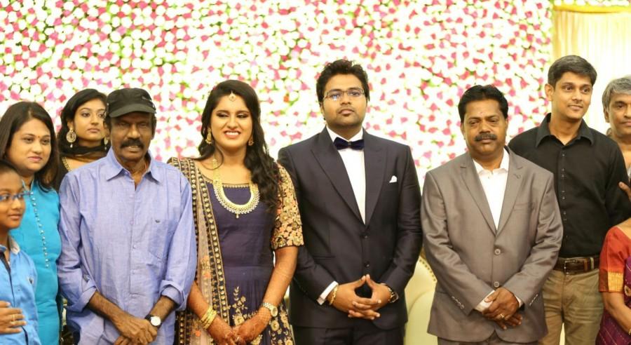 Kollywood movie director KS Ravikumar daughter Maalica and Arjun Krishnan Wedding Reception held at Chennai. Celebs like Kamal Haasan, Prabhu Deva, Sudeep and others graced the event. Director KS Ravikumar daughter Maalica Wedding Reception,Director KS Ravikumar daughter Maalica Wedding,KS Ravikumar daughter Maalica Wedding,Kamal Haasan,Prabhu Deva,Sudeep,Srikanth,Vandhana,AVM Saravanan,P Vasu,Akshara Haasan,Bobby Simha,Goundamani,Vish