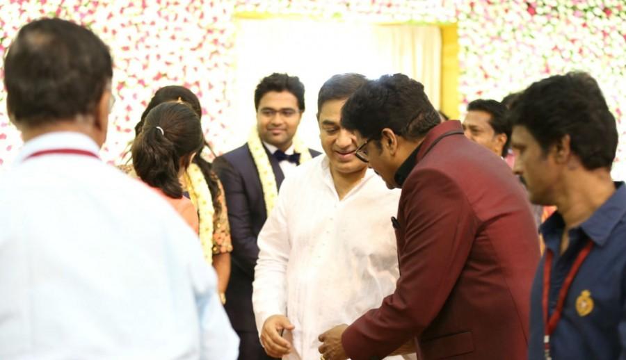 Kollywood movie director KS Ravikumar daughter Maalica and Arjun Krishnan Wedding Reception held at Chennai. Celebs like Kamal Haasan, Prabhu Deva, Sudeep and others graced the event. Director KS Ravikumar daughter Maalica Wedding Reception,Director KS Ravikumar daughter Maalica Wedding,KS Ravikumar daughter Maalica Wedding,Kamal Haasan,Prabhu Deva,Sudeep,Srikanth,Vandhana,AVM Saravanan,P Vasu,Akshara Haasan,Bobby Simha,Goundamani,Vish