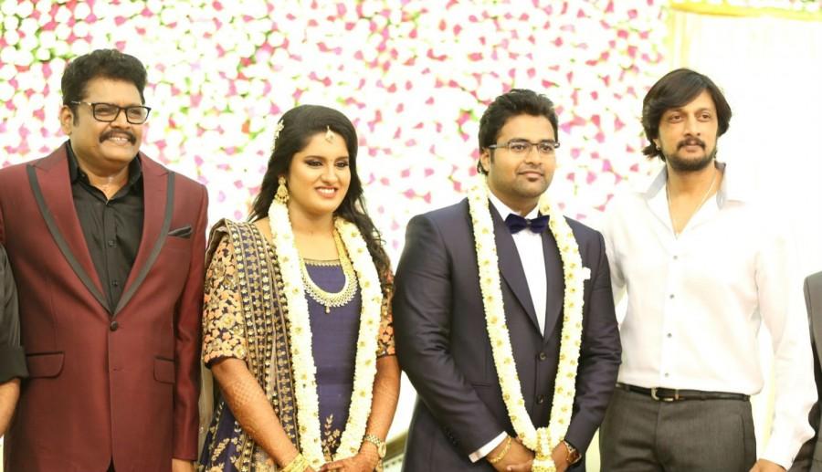 Kollywood movie director KS Ravikumar daughter Maalica and Arjun Krishnan Wedding Reception held at Chennai. Celebs like Kamal Haasan, Prabhu Deva, Sudeep and others graced the event. Director KS Ravikumar daughter Maalica Wedding Reception,Director KS Ravikumar daughter Maalica Wedding,KS Ravikumar daughter Maalica Wedding,Kamal Haasan,Prabhu Deva,Sudeep,Srikanth,Vandhana,AVM Saravanan,P Vasu,Akshara Haasan,Bobby Simha,Goundamani,Vish