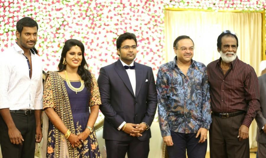 Kollywood movie director KS Ravikumar daughter Maalica and Arjun Krishnan Wedding Reception held at Chennai. Celebs like Kamal Haasan, Prabhu Deva, Sudeep and others graced the event. Director KS Ravikumar daughter Maalica Wedding Reception,Director KS Ravikumar daughter Maalica Wedding,KS Ravikumar daughter Maalica Wedding,Kamal Haasan,Prabhu Deva,Sudeep,Srikanth,Vandhana,AVM Saravanan,P Vasu,Akshara Haasan,Bobby Simha,Goundamani,Vish