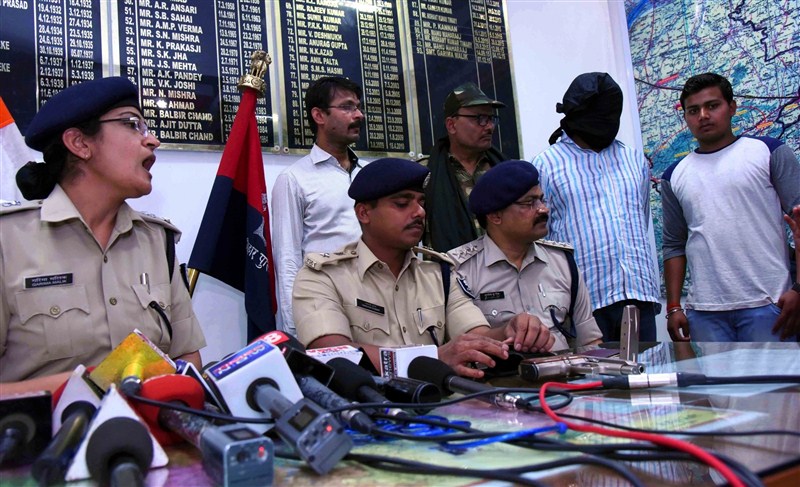 Rocky Yadav, the son of a JD(U) legislator who allegedly shot dead Aditya Sachdeva, the teenaged son of a businessman, on 7th May 2016 for overtaking his car on the Bodh Gaya-Gaya road being presented before press in Gaya, on May 10, 2016. Rocky Yadav,Rocky Yadav arrested,JD(U) MLC's son Rocky Yadav arrested,JD(U) MLC's son Rocky Yadav,JDU Leader's Son Rocky Yadav,Aditya Sachdeva,Gaya-Gaya
