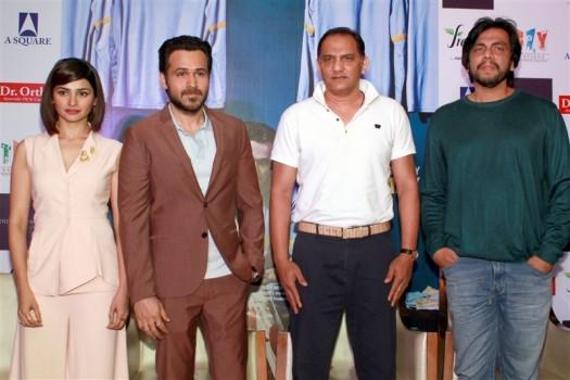 Actors Emraan Hashmi, Prachi Desai and Cricketer Mohammad Azharuddin during a press conference to promote their upcoming film 