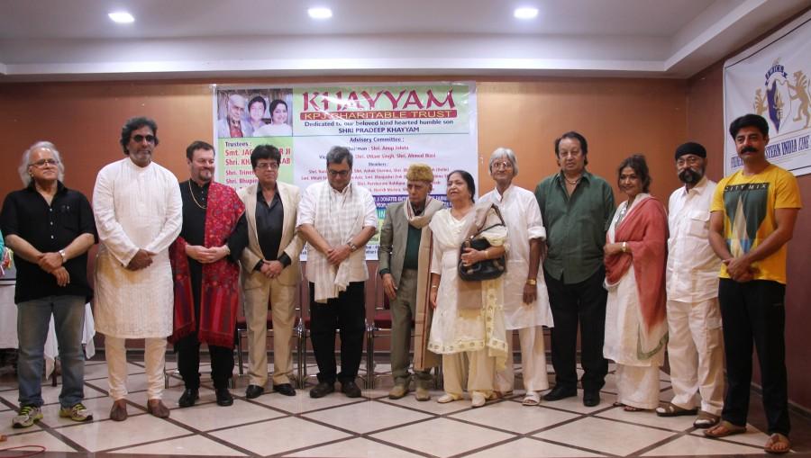 Subhash Ghai, Nitin Mukesh, Talat Aziz, Sushant Singh, Kamlesh Pandey, Dilip Pithwa, Bhupinder & Mitali Singh at an event where Khayyam Sahab and his wife Jagjit Kaur announced to donate their life earnings to FWICE for the welfare of the industry's technicians & workers. Technicians & Workers,Subhash Ghai,Nitin Mukesh,Talat Aziz,Sushant Singh,Kamlesh Pandey,Dilip Pithwa,Bhupinder,Mitali Singh,Khayyam Sahab,Jagjit Kaur