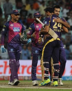 Chasing a revised target of 66 in 9 overs via the Duckworth-Lewis method, Kolkata Knight Riders (KKR) cruised home with 8 wickets and 24 balls to spare against Rising Pune Supergiants in a rain-affected Indian Premier League (IPL) tie at the Eden Gardens on Saturday.