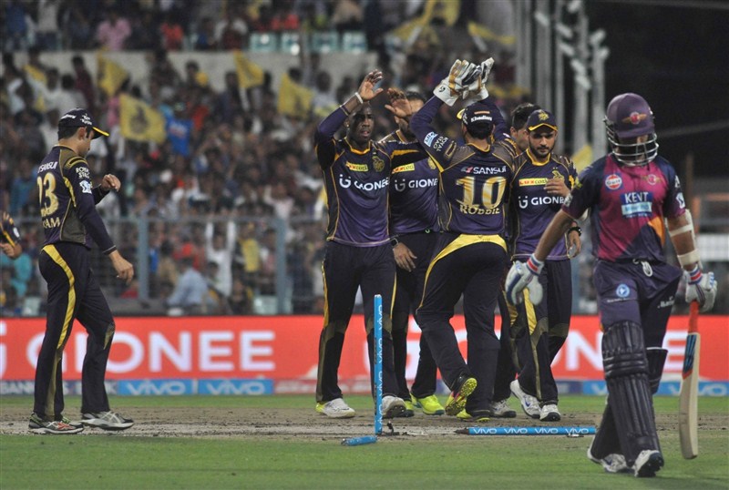 Chasing a revised target of 66 in 9 overs via the Duckworth-Lewis method, Kolkata Knight Riders (KKR) cruised home with 8 wickets and 24 balls to spare against Rising Pune Supergiants in a rain-affected Indian Premier League (IPL) tie at the Eden Gardens on Saturday. Kolkata trash Pune by 8 wickets,Kolkata trash Pune,Kolkata beat Pune,Rising Pune Supergiants,Kolkata Knight Riders,Duckworth-Lewis method,Indian Premier League,Indian Premier League 2016,Indian Premier League 9,IPL Pics,IPL images,IPL photos,IPL pictures