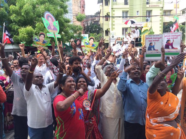 Tamil Nadu Assembly elections 2016: AIADMK supporters seen celebrating outside party headquarters Tamil Nadu Assembly elections,Tamil Nadu Assembly elections 2016,Tamil Nadu Assembly elections live,live Tamil Nadu Assembly elections,Tamil Nadu Assembly elections result,Jayalalithaa,Karunanidhi,Vijayakanth,AIADMK supporters,AIADMK