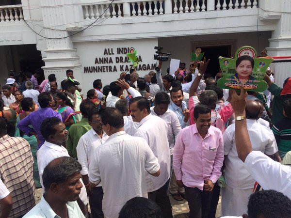 Tamil Nadu Assembly elections 2016: AIADMK supporters seen celebrating outside party headquarters Tamil Nadu Assembly elections,Tamil Nadu Assembly elections 2016,Tamil Nadu Assembly elections live,live Tamil Nadu Assembly elections,Tamil Nadu Assembly elections result,Jayalalithaa,Karunanidhi,Vijayakanth,AIADMK supporters,AIADMK