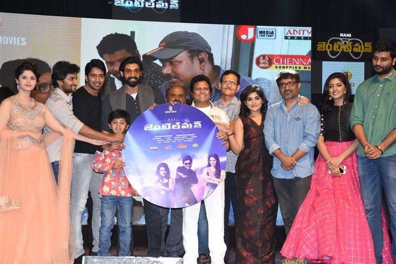 Telugu movie Gentleman Audio Launch held in Hyderabad. Celebs like Nani, Surabhi, Rana Daggubati and others graced the event. Gentleman Audio Launch,Gentleman,Gentleman Audio,Telugu movie Gentleman,Nani's Gentleman Audio Launch,Nani,Surabhi,Niveda Thomas,Sri Mukhi,Eesha,Mohan Krishna Indraganti,Mani Sharma,Rana Daggubati,Gentleman Audio Launch pics,Gentleman Audio Launch im